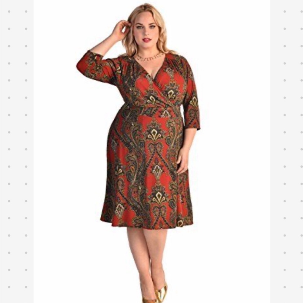 Igigi Surplice Dress Amazing Paisley Size 18/20 Red Multi Knee Length V-Neck NWT